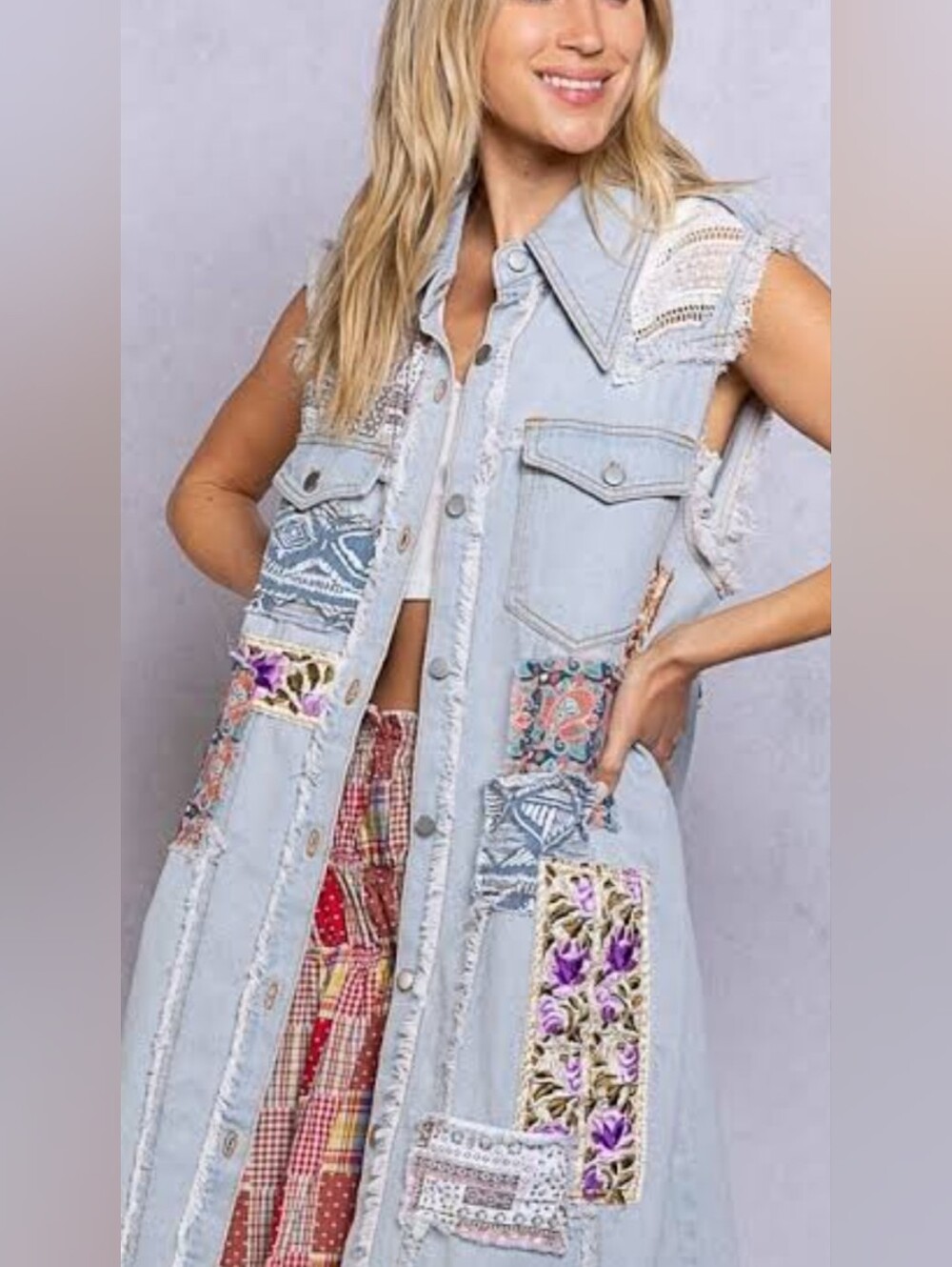 POL Denim Patchwork long Vest/mini Dress Boho Mixed Media Sleeveless  size large